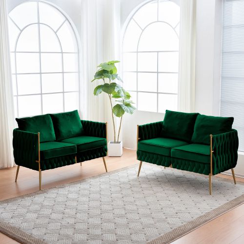 2 Pieces of Loveseat Set Modern Living Room Furniture Set Sofa Couch with Dutch Velvet, Golden Metal Legs And Handmade Woven Back, Green Velvet 2 Pieces of Loveseat Set Modern Living Room Furniture Set Sofa Couch with Dutch Velvet, Golden Metal Legs And Handmade Woven Back, Green Velvet
