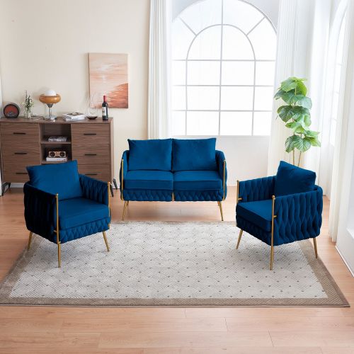 Comfy Handmade Bucket Woven Fluffy Tufted Upholstered Sofa Set Living Room, 2 Accent Chair and 1 Two Seater Sofa , Blue Velvet Comfy Handmade Bucket Woven Fluffy Tufted Upholstered Sofa Set Living Room, 2 Accent Chair and 1 Two Seater Sofa , Blue Velvet