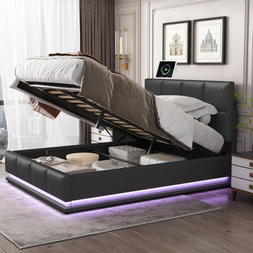 Tufted Upholstered Platform Bed with Hydraulic Storage System,Queen Size PU Storage Bed with LED Lights and USB charger, Black Tufted Upholstered Platform Bed with Hydraulic Storage System,Queen Size PU Storage Bed with LED Lights and USB charger, Black
