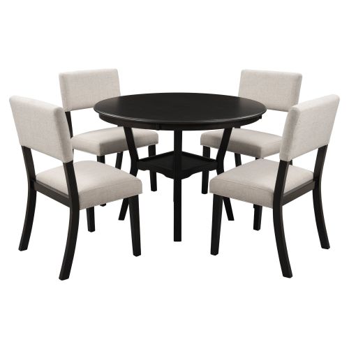 TREXM 5-Piece Kitchen Dining Table Set Round Table with Bottom Shelf, 4 Upholstered Chairs for Dining Room(Espresso) TREXM 5-Piece Kitchen Dining Table Set Round Table with Bottom Shelf, 4 Upholstered Chairs for Dining Room(Espresso)