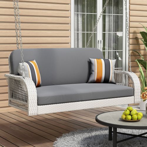 GO PE Wicker Porch Swing, 2-Seater Hanging Bench With Chains, Patio Furniture Swing For Backyard Garden Poolside, White And Gray GO PE Wicker Porch Swing, 2-Seater Hanging Bench With Chains, Patio Furniture Swing For Backyard Garden Poolside, White And Gray